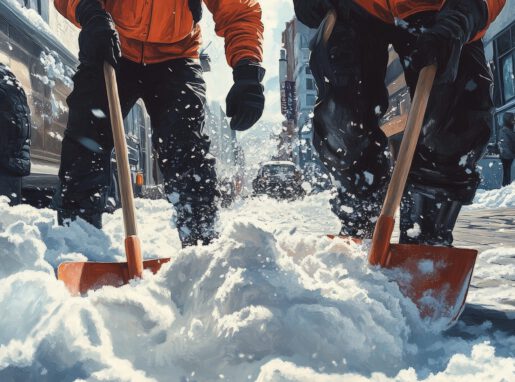 Municipal workers diligently clear a snowy road using shovels, ensuring safe and clean streets during winter.